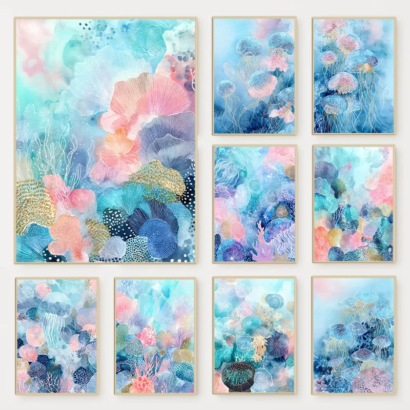 Resin Art Ocean - Abstract Watercolor Ocean Coral Jellyfish Poster