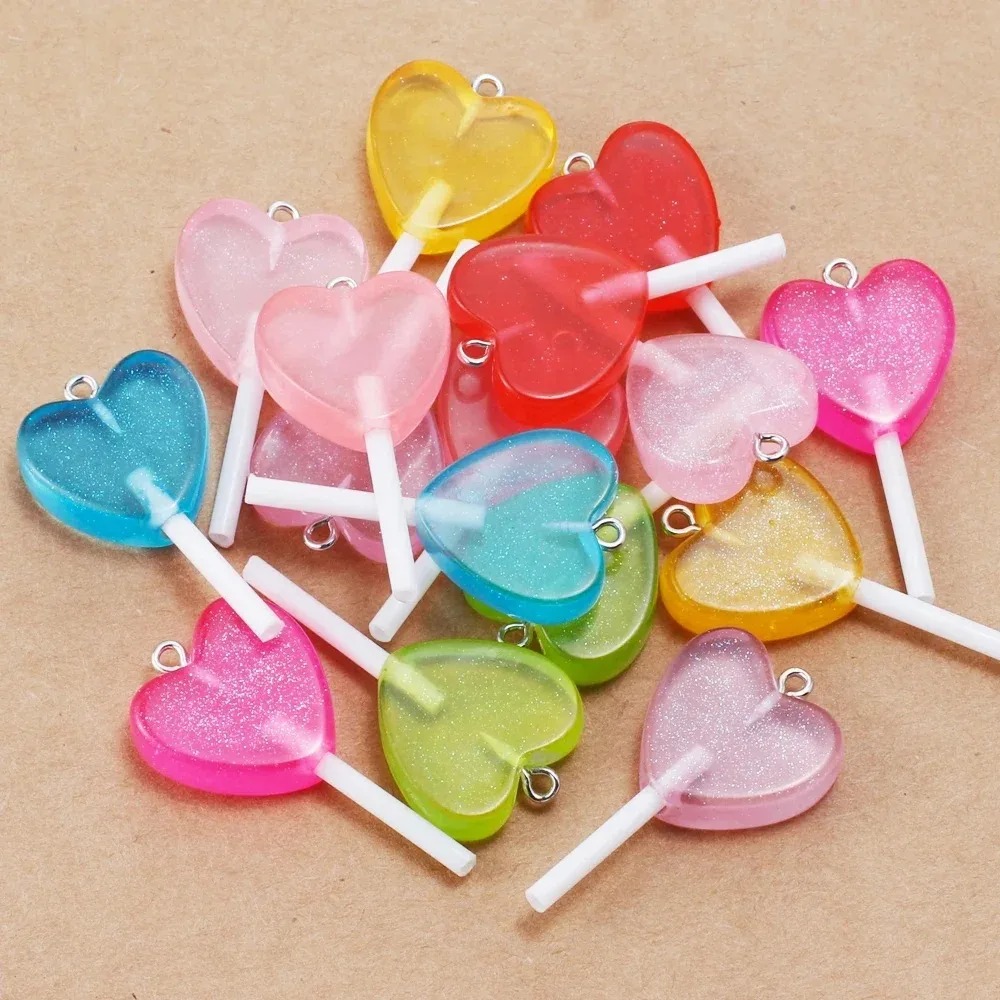 Resin Art Glitter - 10Pcs Kawaii Sparkly Heart Lollipop Resin